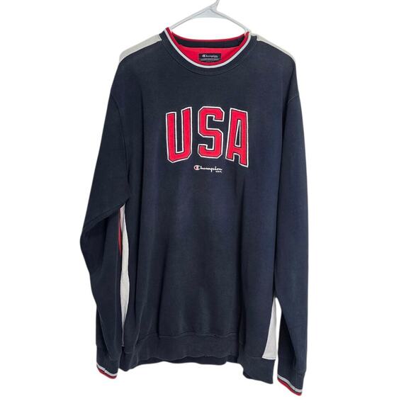 Vintage Champion USA Sweatshirt XL Navy Red White Distressed Grunge Crewneck